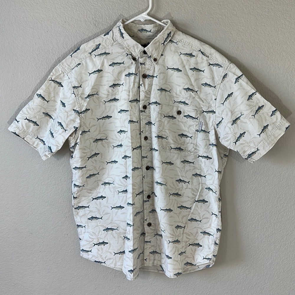 WOOLRICH Short Sleeve Button Down Fish Print Fishing Shirt